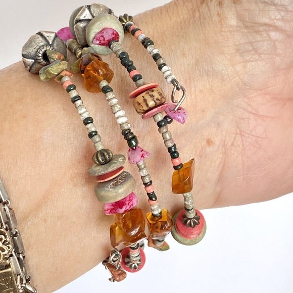 Boho Amber Gemstones Hill Tribe Silver Beads 4-Strand Memory Wire Bracelet 6.5” - Picture 4 of 4